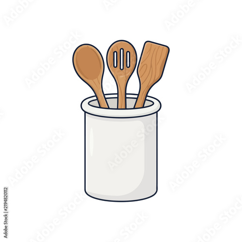 Wooden kitchen utensils in ceramic holder on white background.