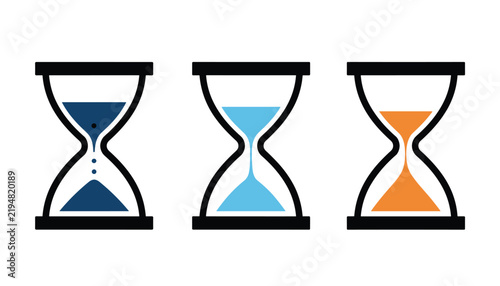 Set of three vector hourglass icons filled with dark blue, light blue, and orange sand on a white background.