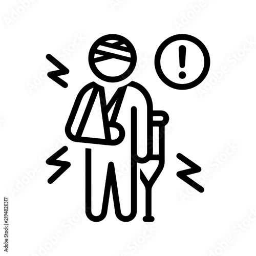 Minimalist line icon of an injured person with a head bandage, arm sling, and crutch, representing medical recovery, insurance claims, or workplace safety.