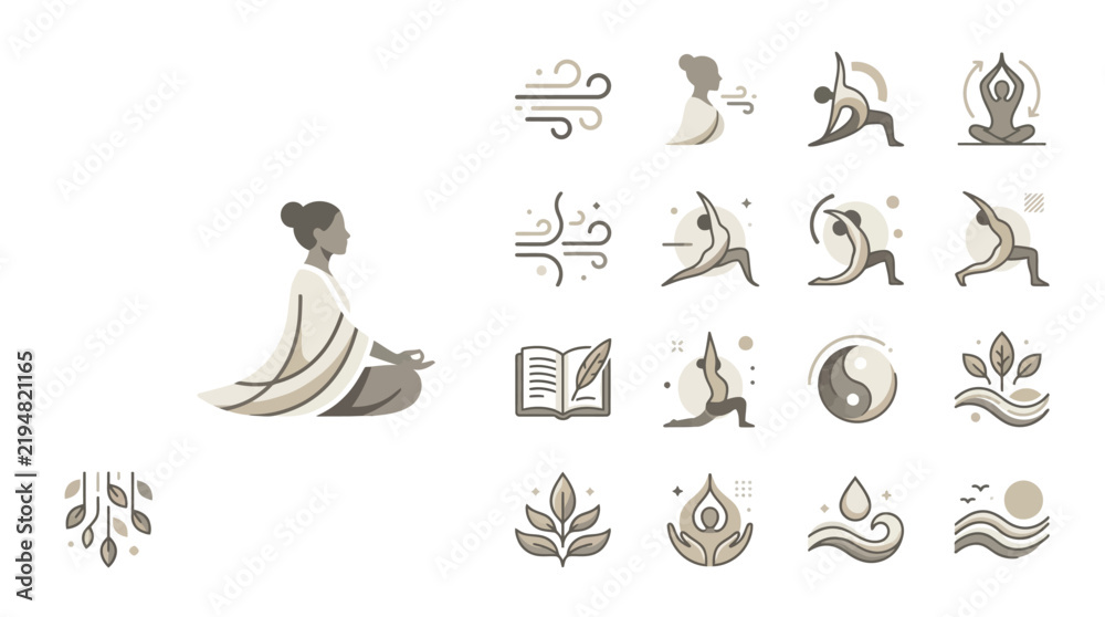 Fototapeta premium Minimalist Yoga and Meditation Icon Set for Wellness and Mindfulness Branding