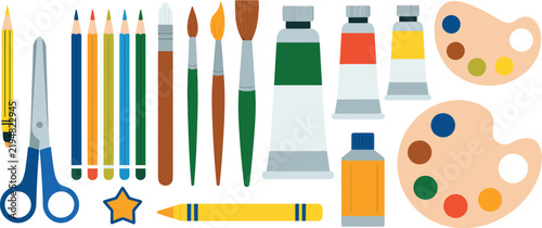 Art supplies flat illustration featuring paintbrush, pencil, crayon, palette, scissors, glue tube and paint tools for drawing, crafting, school education, creative hobbies and stationery projects.
