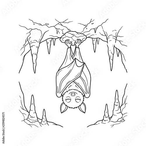 Cute cartoon bat sleeping upside down inside a dark rocky cave