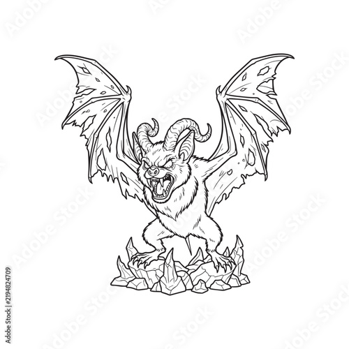 Fierce winged demon bat monster standing on sharp rocks line art