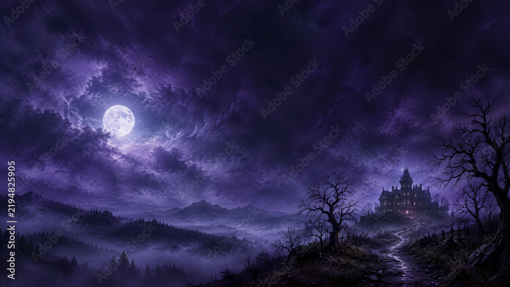Fototapeta premium Spooky gothic castle under full moon in purple stormy sky, haunted mansion on foggy mountain landscape, dark fantasy halloween night background