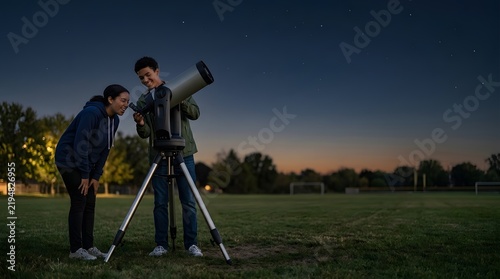 Young People Exploring Stars with Telescope on Clear Night Sky