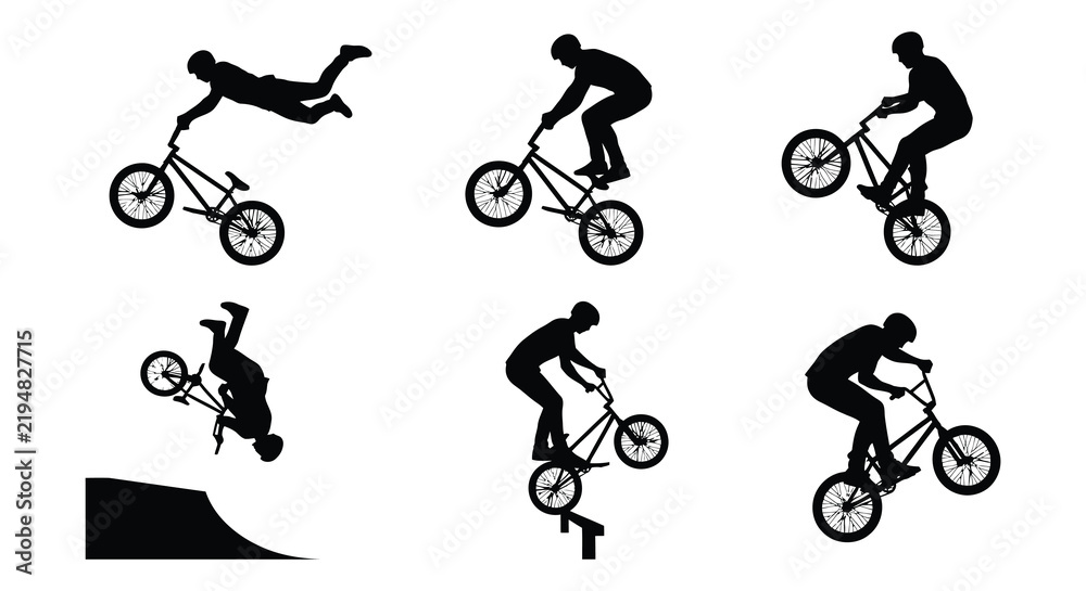 Fototapeta premium Bicycle motocross silhouettes depict various freestyle stunts on a white background