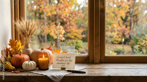 Cozy autumn decor with candle and greenery by window
