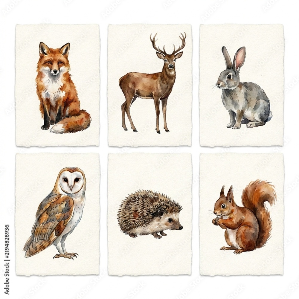 Fototapeta premium Watercolor Woodland Animals Set Painted Texture