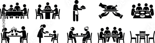 Set of black and white restaurant and dining icons representing service and people eating at tables