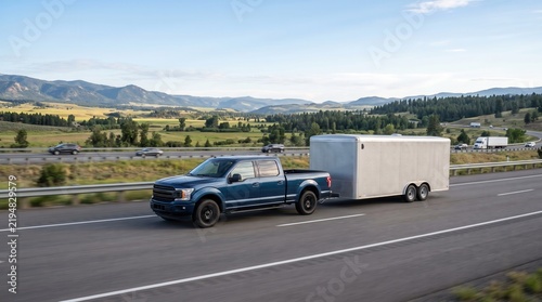 Blue pickup truck towing a trailer on a scenic highway landscape