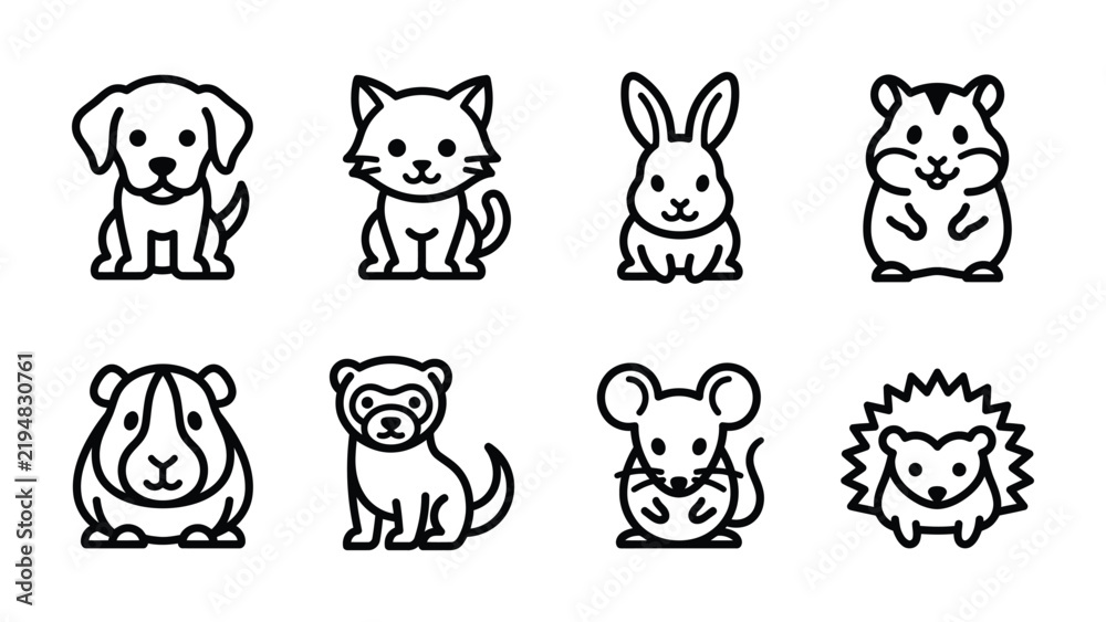 Fototapeta premium Cute Animal Icons: A delightful set of simple line art icons featuring various cute animals, including a dog, cat, rabbit, hamster, guinea pig, ferret, mouse, and hedgehog.