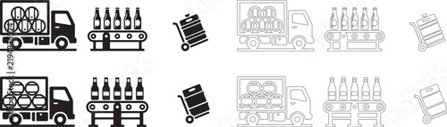 Set of icons depicting beverage logistics with trucks conveyor belts and barrels on wheels