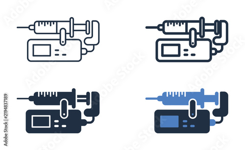 Precision medical syringe microinfusion driver pump vector icon set for laboratory dosage automation, anesthesia administration, and pediatric hospital care