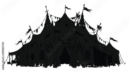 Spooky haunted carnival tent silhouette featuring tattered fabric and flags isolated on a clean white background