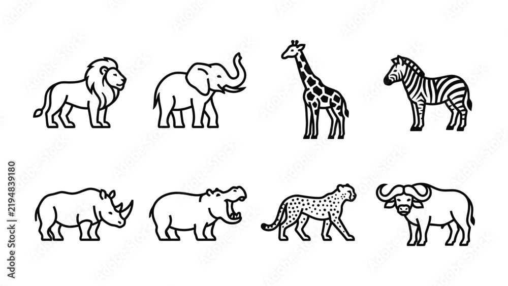 Fototapeta premium African Safari Icons: A collection of stylized black and white line art icons representing iconic African wildlife, including a lion, elephant, giraffe, zebra, rhinoceros, hippopotamus, cheetah.