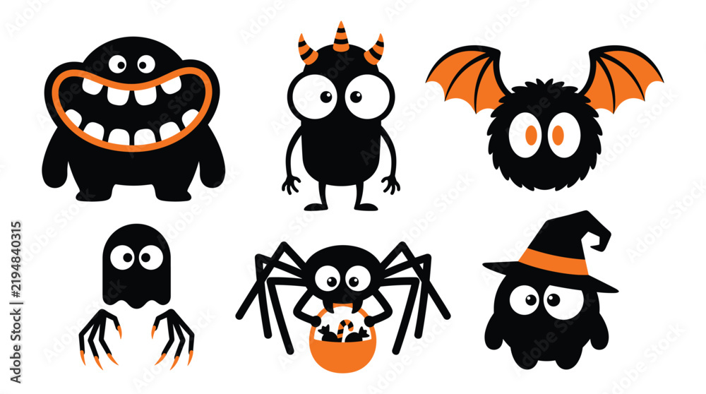 Obraz premium Cute black and orange Halloween monsters set with ghost spider and bat vector illustrations