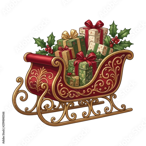 Decorative Christmas sleigh filled with wrapped gift boxes and holly leaves