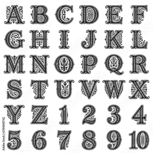Ornate, decorative uppercase English alphabet letters and numbers from one to ten are arranged in rows on a clean white background, featuring intricate Victorian-style embellishments.