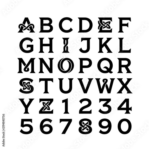 Celtic knot inspired alphabet letters and numbers are presented in a decorative black font against a stark white background.