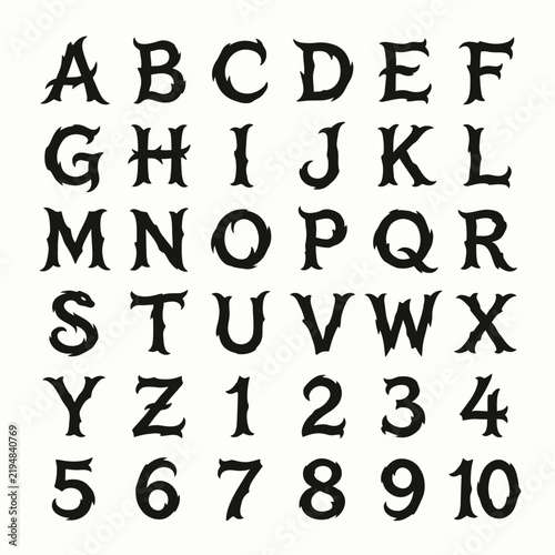 Decorative, jagged black alphabet letters and numbers from A to Z and 1 to 10 are displayed on a clean white background, presenting a unique, rough-edged font.
