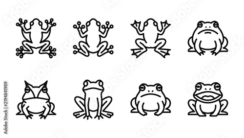 Foto Frog Icon Collection: A set of eight distinct line art icons featuring various frog poses and expressions, from a wide-eyed amphibian to a grumpy-faced one, each rendered in a clean, simple style