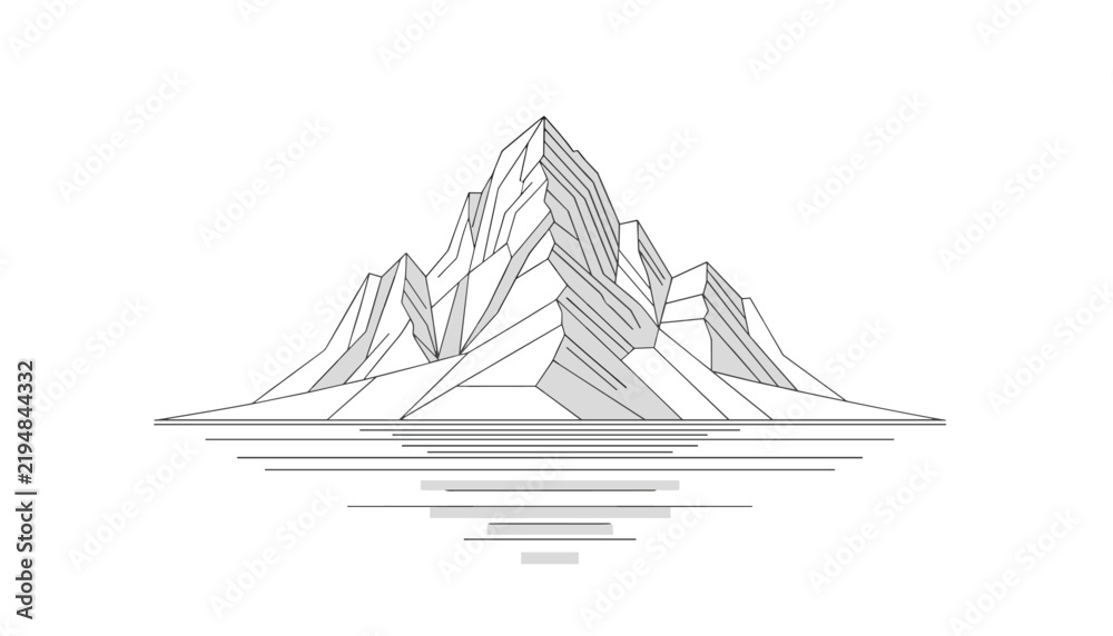 Fototapeta premium Minimalist black and white architectural sketch of a polygonal mountain peak casting shadows over its reflection.