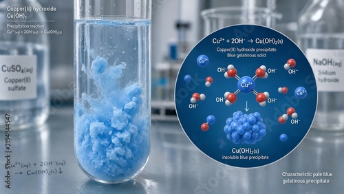 Laboratory test tube filled with a bright blue gelatinous copper hydroxide precipitate, featuring an inset diagram showing cu2+ ions reacting with oh- ions to form a coordination complex