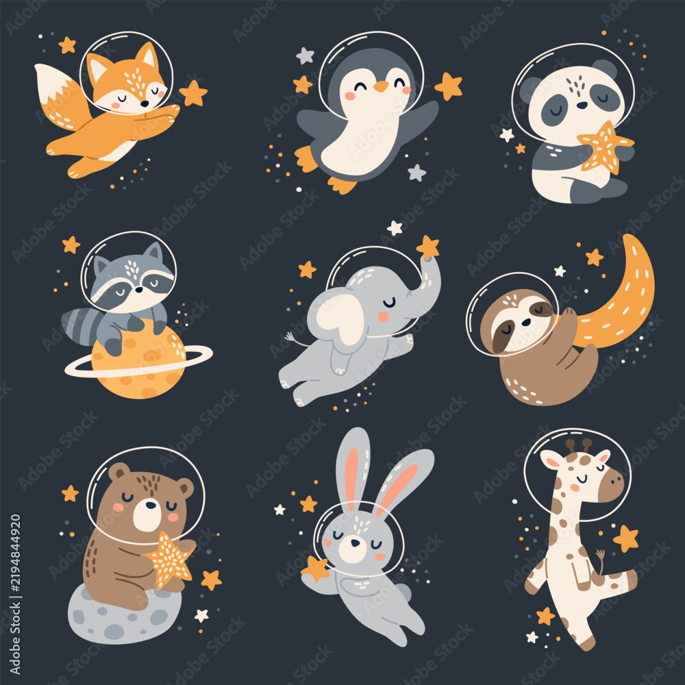 Obraz premium Cute collection of space animals wearing astronaut helmets, floating among stars and planets. Fox, penguin, panda, raccoon, elephant, sloth, bear, rabbit and giraffe. Flat vector illustration. Vector