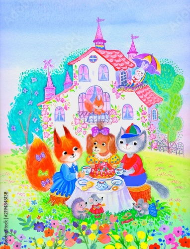 Cartoon animals—a squirrel, a dog, and a kitten—are drinking tea in the garden in front of a small house.