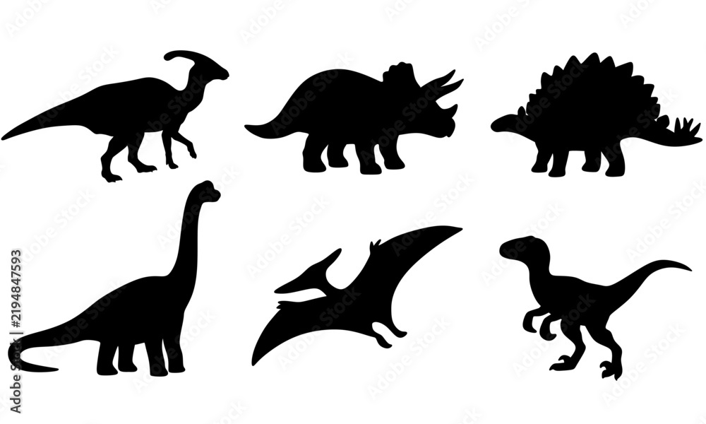 Obraz premium including Triceratops, Stegosaurus, Brachiosaurus, Pterodactyl, and Velociraptor