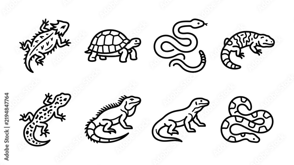 Obraz premium Reptile Icons Collection: A minimalist line art collection showcasing various reptiles, including a lizard, tortoise, snake, and salamander, presented as distinct icons.