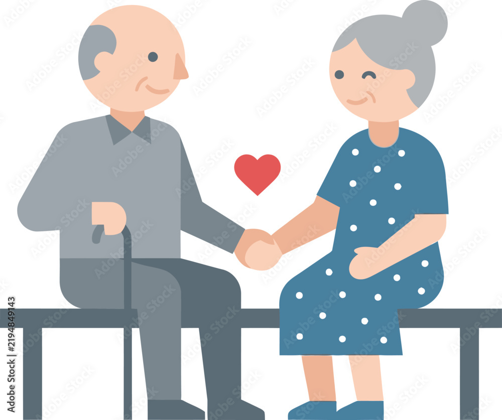 Fototapeta premium Illustration of a loving elderly couple, a senior man and woman, holding hands with a heart, symbolizing enduring love, companionship, and lifelong partnership