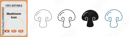 mushroom icons in different styles, including thin line, bold line, solid black, and colored outline, simple vector illustrations for food or nature design
