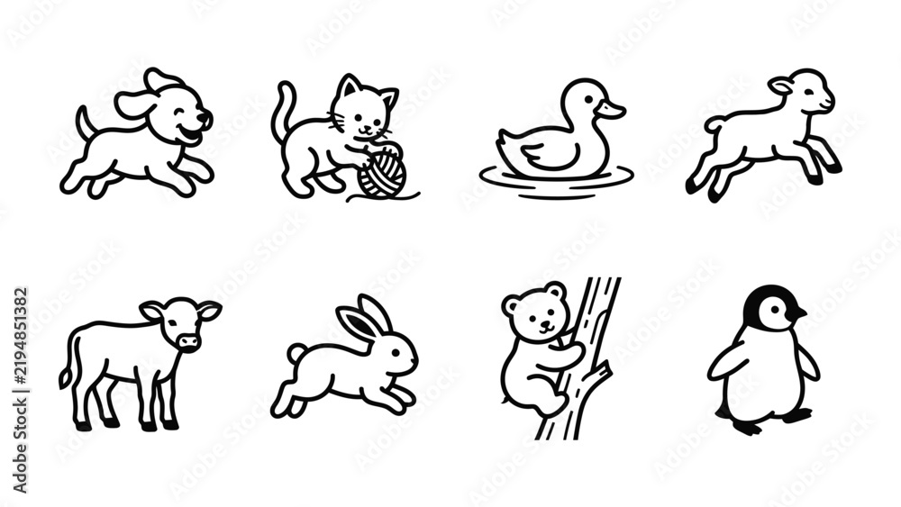 Obraz premium Cute Animal Icons: A collection of charming, hand-drawn line art icons depicting various animals, including a playful puppy, a kitten with yarn, a duck on water, a leaping lamb, a young calf.