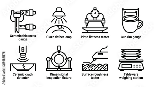 фотографія Quality Control Tools: A set of icons illustrating various tools and equipment used for quality control in ceramic and tableware manufacturing, including thickness gauge, defect lamp, flatness tester