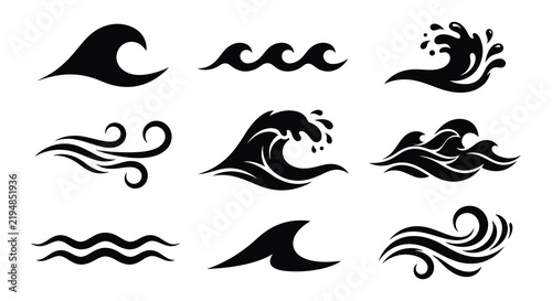 Collection of black wave silhouettes on a white background