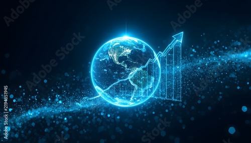 Glowing digital Earth globe with rising financial growth chart in a futuristic blue data network space