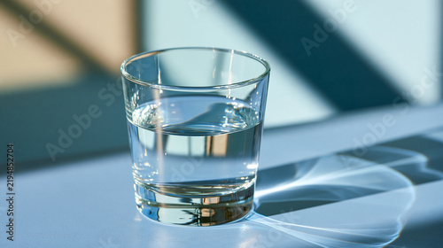 refreshing glass of pure clear drinking water photographed in a bright clean studio setting, crisp close-up highlighting liquid purity and freshness, essential hydration, health