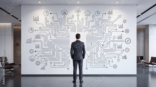 Businessman analyzing complex strategy wall with arrows and financial icons in modern office, representing decision making and corporate growth planning.