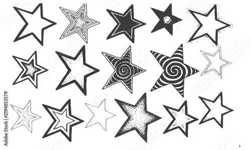 Collection of cute hand drawn black sketch stars with rough doodles and varied playful textures vector illustration