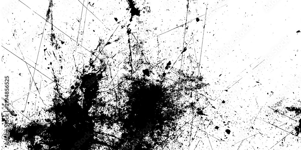 Fototapeta premium Black ink splatter texture on a white background with distressed grunge elements