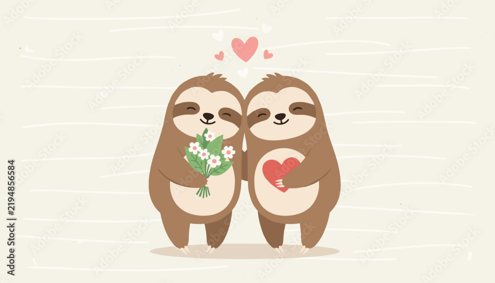 Fototapeta premium Two cute sloths showing love with one holding a bouquet of white flowers and the other hugging a red heart.