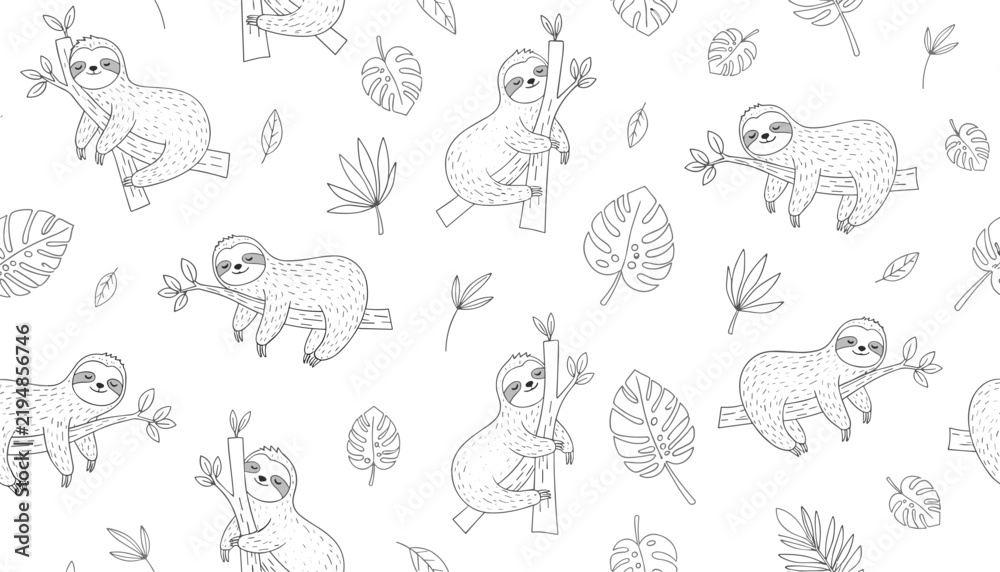 Fototapeta premium Seamless black and white pattern of cute cartoon sloths climbing and sleeping on tree branches with tropical leaves.