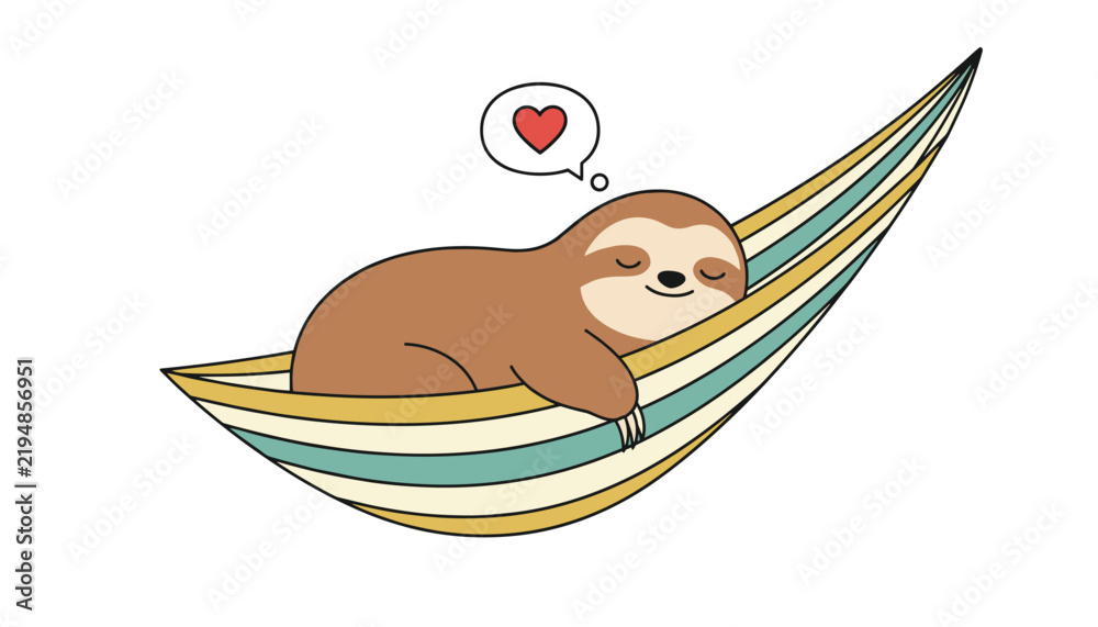 Obraz premium Cute cartoon sloth sleeping peacefully in a striped hammock with a small red heart in a thought bubble overhead.