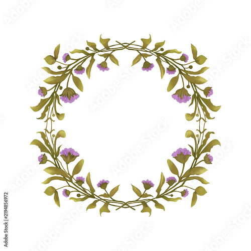 Elegant botanical frame with delicate purple flowers, golden olive leaves and graceful branches. Vintage romantic ornament for wedding invitations, stationery, greeting cards, labels, prints and packa