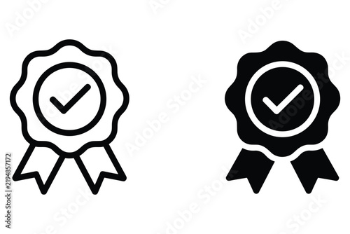 Checkmark seal award stamp icon set featuring black outline and solid silhouette styles for badges