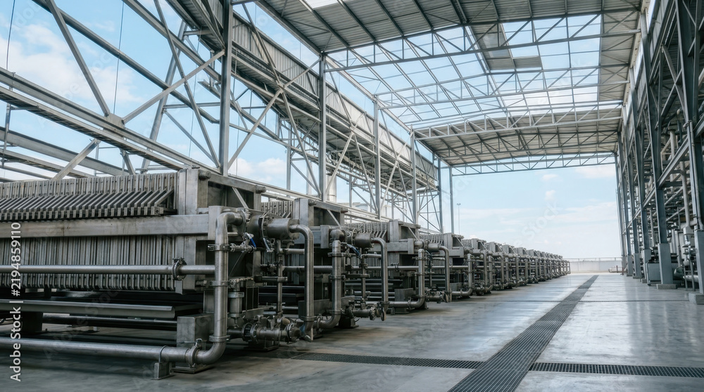 Obraz premium Industrial filter press machinery inside modern factory warehouse