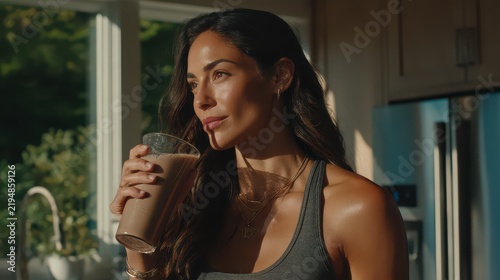 Woman Drinking Chocolate Milkshake Near Window with Green Garden View