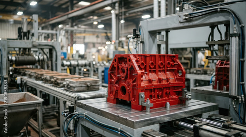 Industrial manufacturing machines process metal parts in a factory