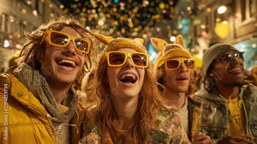 Joyful Group of Friends Celebrating Holiday Festival in Festive Street Scene